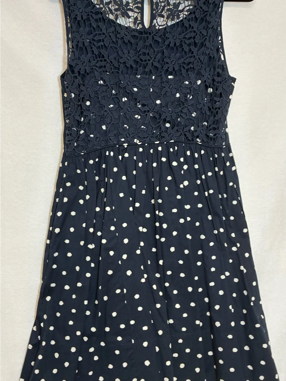 Moulinette Soeurs Polka Dot Fit and Flare Dress Lace Overlay Cotton Size 8 retro